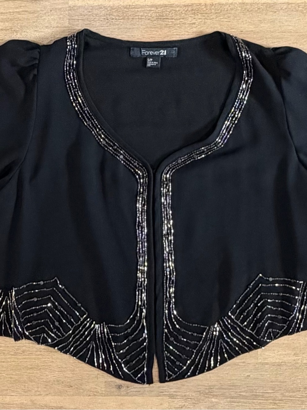 Forever 21 Black Beaded Cropped Open-Front Blouse